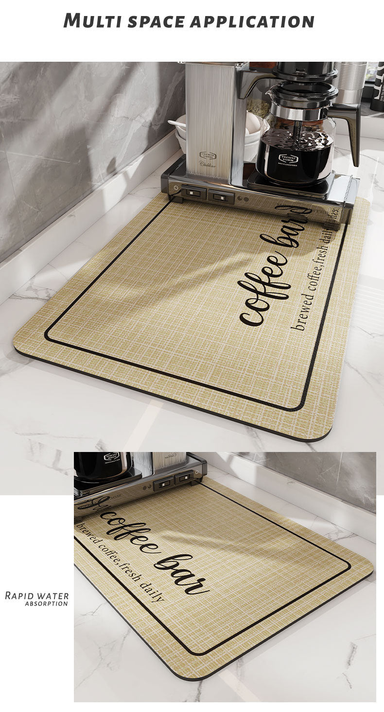 A beige silicone mat used as a multi-space application for draining coffee cups and brewing equipment.
