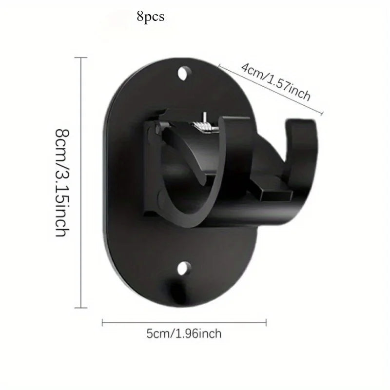 Black heavy duty self-adhesive curtain rod holders shown with dimensions and installation details.
