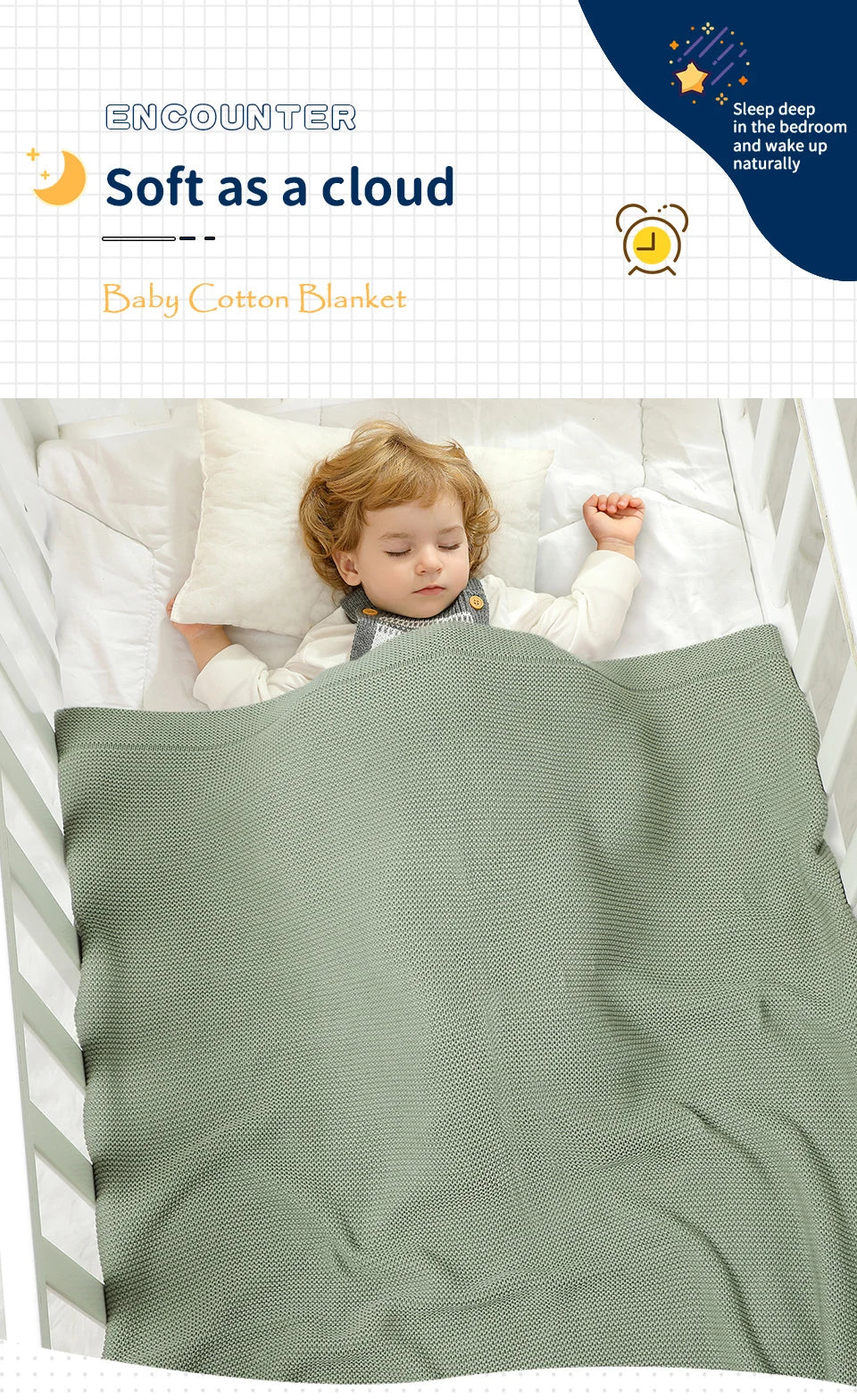 A baby is sleeping peacefully under a soft sage green cotton blanket in a white crib.