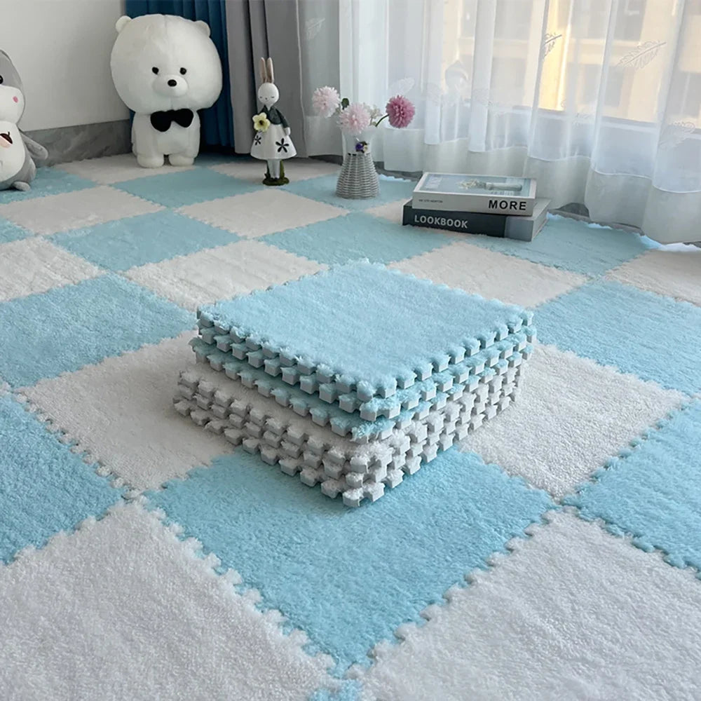 A light blue and white checkered floor mat with a textured blue cushion placed on it, near a window.