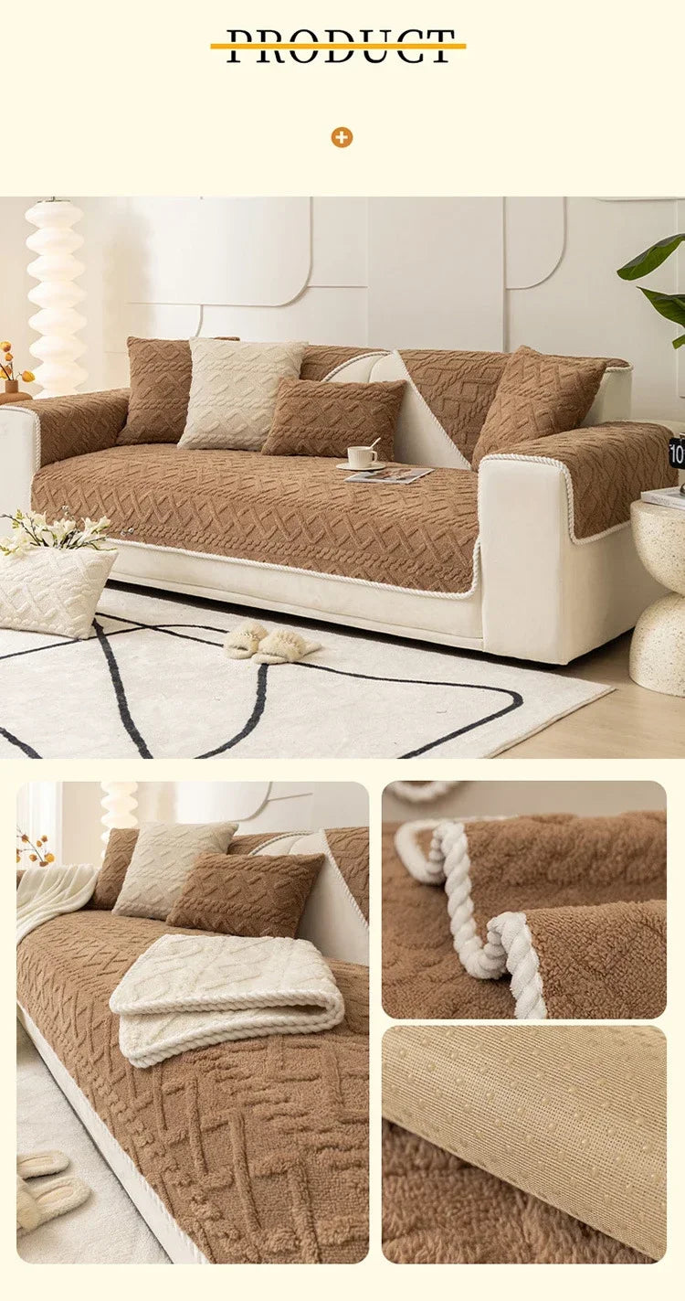 A brown plush sofa cushion cover with a quilted texture and cream accents shown on a modern sofa.