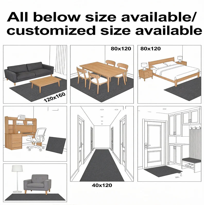 Various sizes of modern geometric area rugs shown in different room contexts and dimensions.