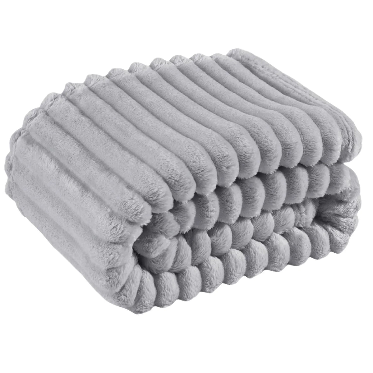A stack of gray striped flannel throw blankets rolled up for cozy comfort