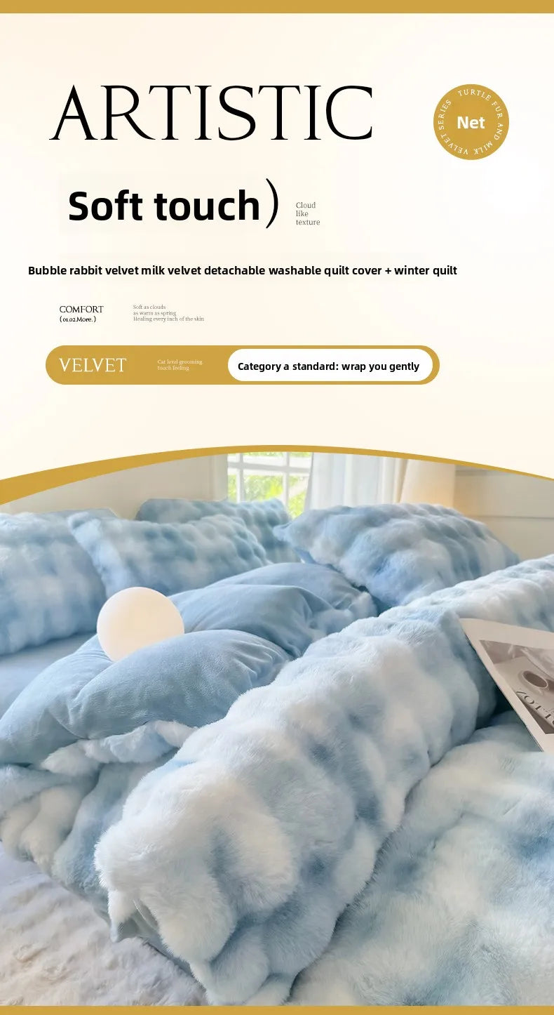 A close-up of a light blue rabbit fleece duvet cover and bedding with fluffy textures.