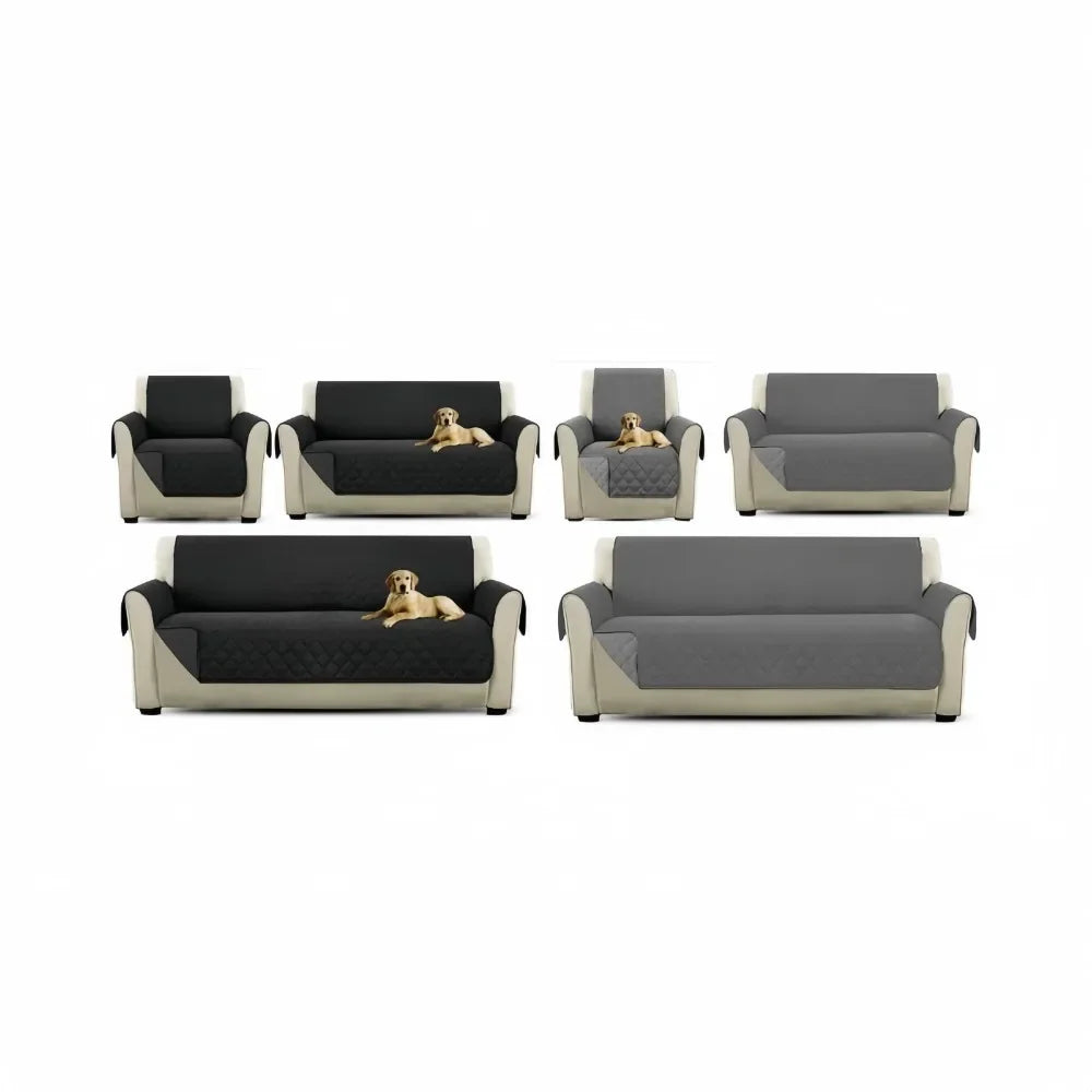 A set of four slip-on protective sofa covers in gray and black fabric with tan dog figures.