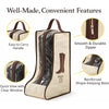 A beige portable boot storage bag with a carry handle, showing features like a durable zipper and reinforced base.