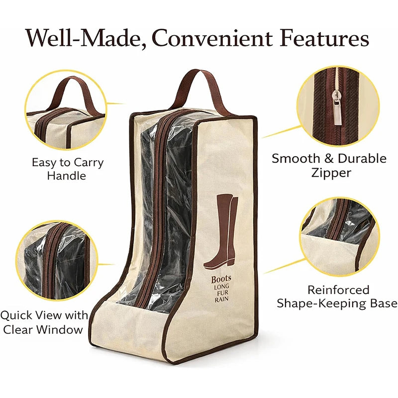 A beige portable boot storage bag with a carry handle, showing features like a durable zipper and reinforced base.