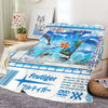 A bright blue and green Frutiger Aero art throw blanket featuring futuristic landscapes and aquatic themes.