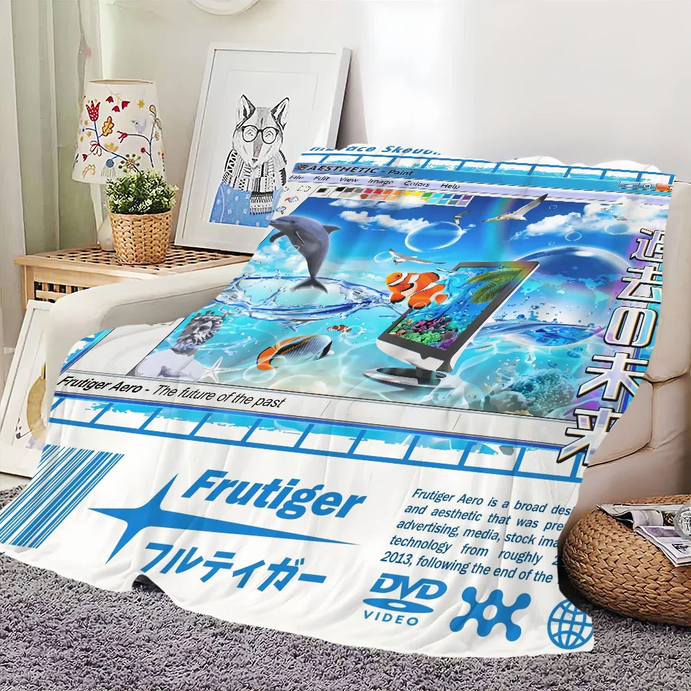 A bright blue and green Frutiger Aero art throw blanket featuring futuristic landscapes and aquatic themes.