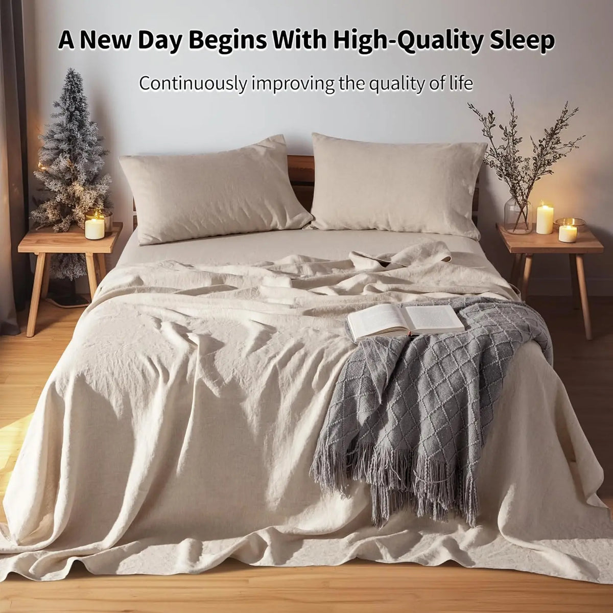 A bed with French stone washed linen bedding set and pillows in neutral tones.