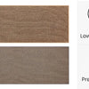 A set of faux sisal kitchen rugs showing different textures and features like low elasticity, non-slip surface, foot relief, 
