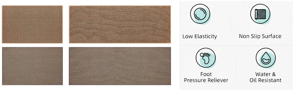A set of faux sisal kitchen rugs showing different textures and features like low elasticity, non-slip surface, foot relief, 