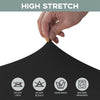 A hand is stretching a black stretch tablecloth fabric, with icons indicating do not iron, do not bleach, hand wash, and mach