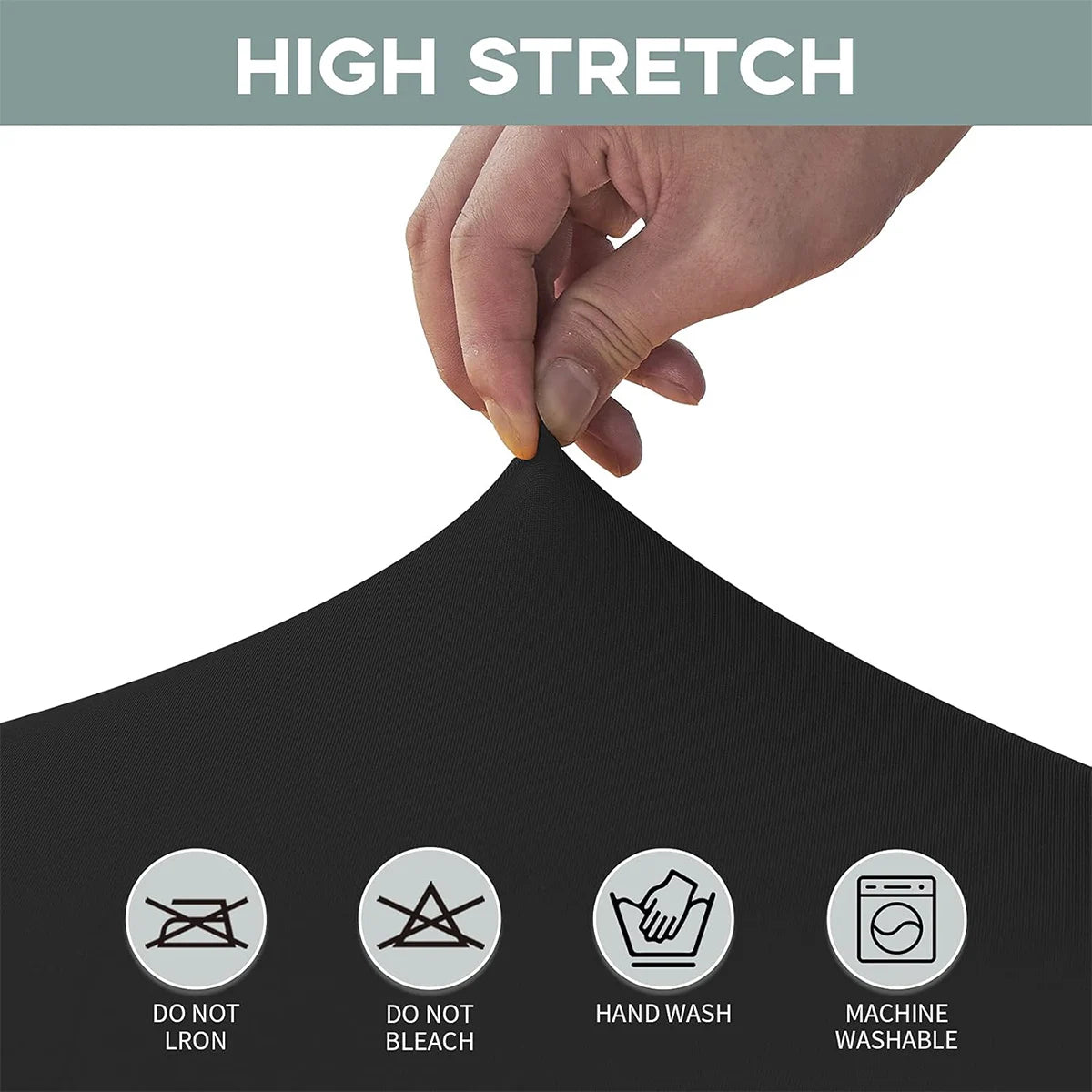 A hand is stretching a black stretch tablecloth fabric, with icons indicating do not iron, do not bleach, hand wash, and mach