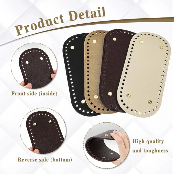 A set of black and beige reusable PU leather bag bottom pads shown from the front and reverse sides.