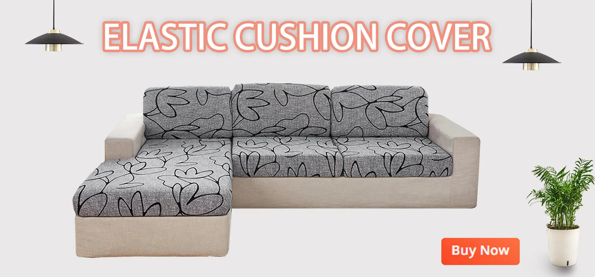 A light beige sofa covered with a gray elastic cushion cover featuring a black flower print.