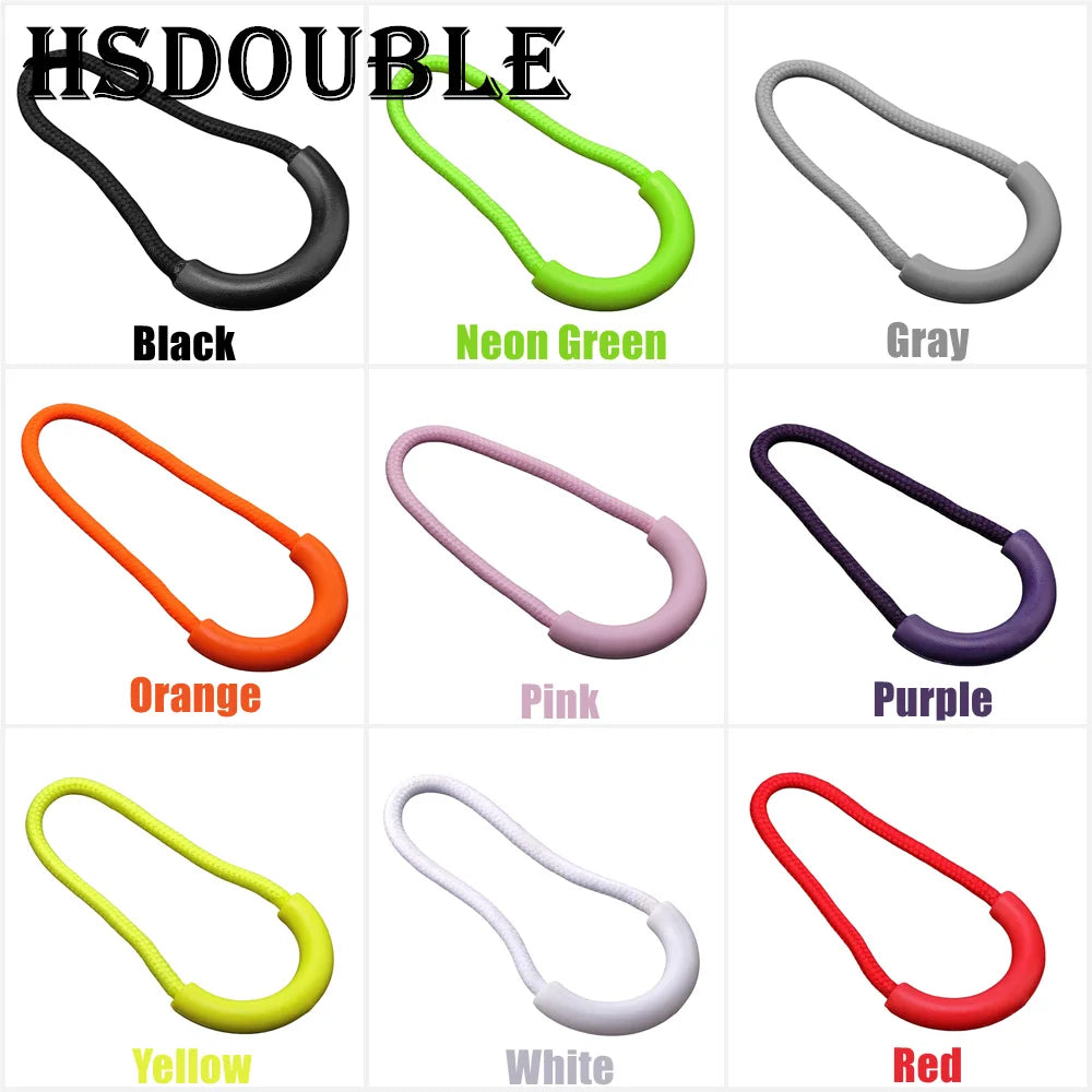 A collection of U-shape zipper pull straps in various colors including black, neon green, gray, orange, pink, purple, yellow,