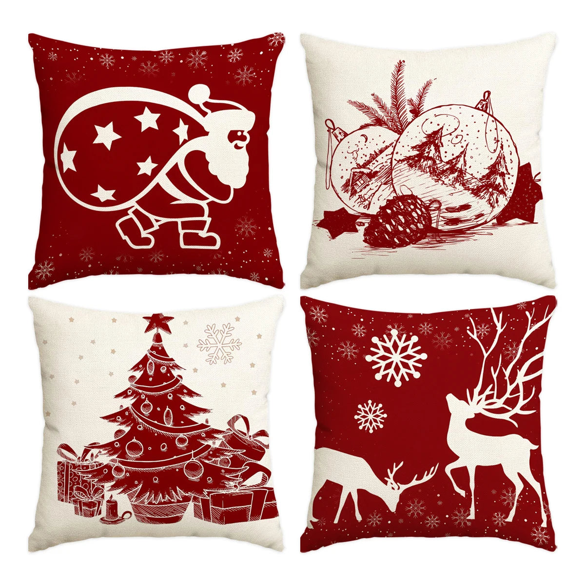 A set of four festive red and white Christmas themed decorative pillows featuring reindeer, snowflakes, and a pine tree.