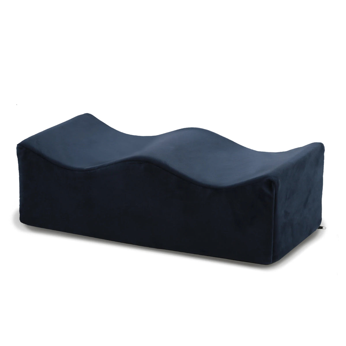 A dark blue ergonomic memory foam leg support pillow.