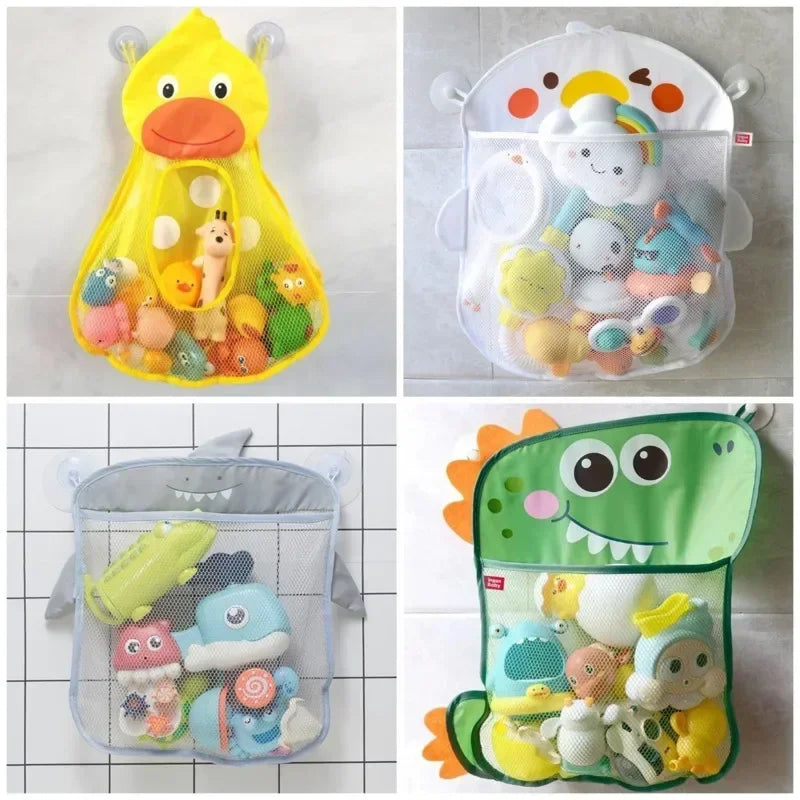 A clear mesh organizer bag filled with various colorful bath toys and accessories for toddlers.