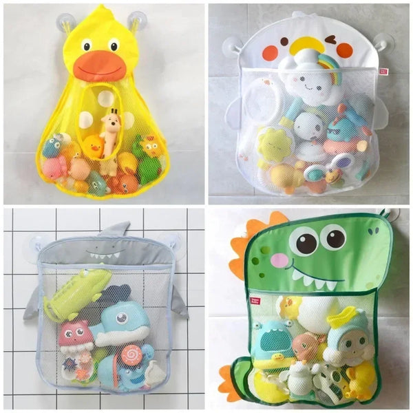 A clear mesh organizer bag filled with various colorful bath toys and accessories for toddlers.