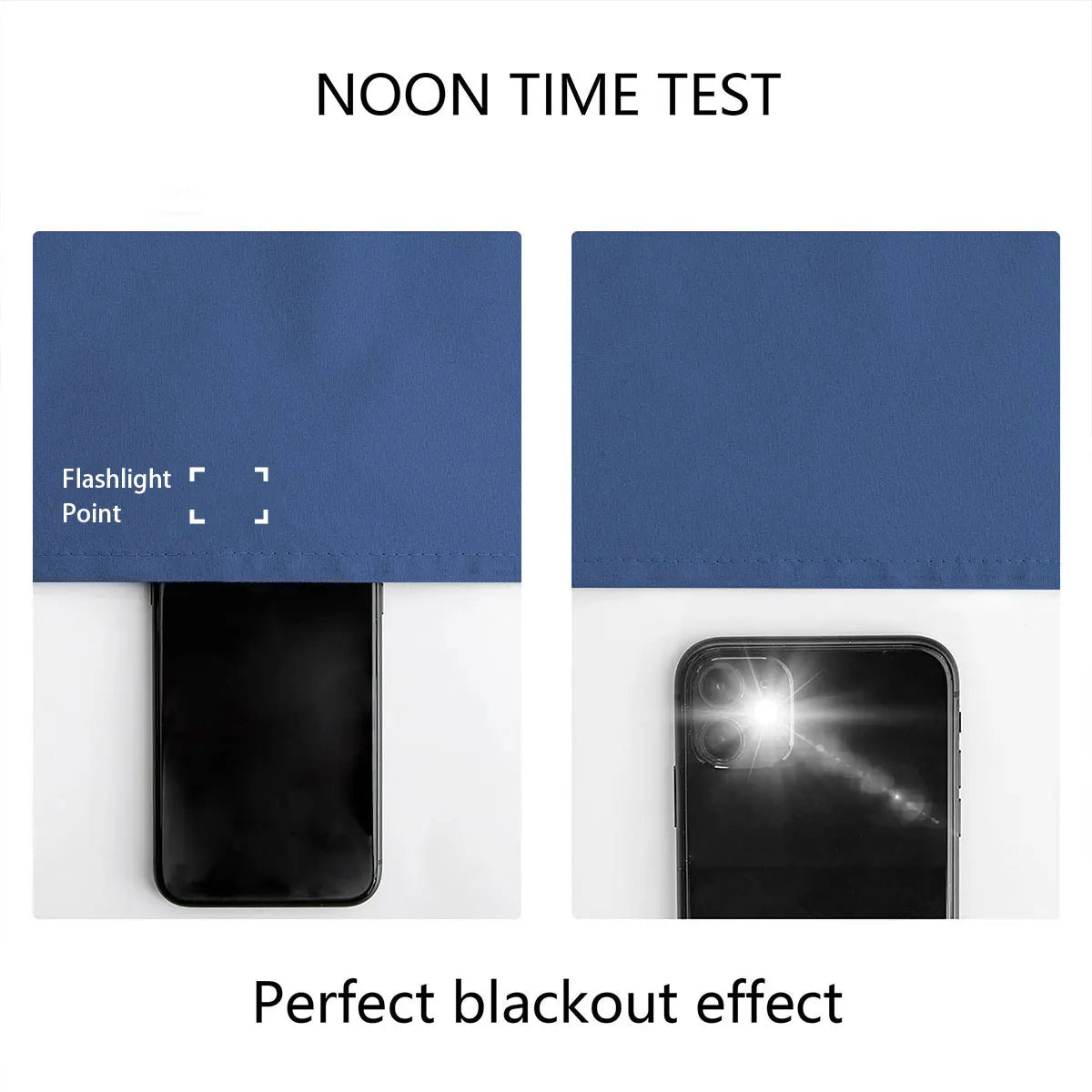 Two panels of royal blue blackout curtains demonstrating a perfect blackout effect on a black smartphone.
