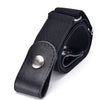 A close-up view of a black thickened elastic waist belt and a brown leather-look belt with silver buckles.
