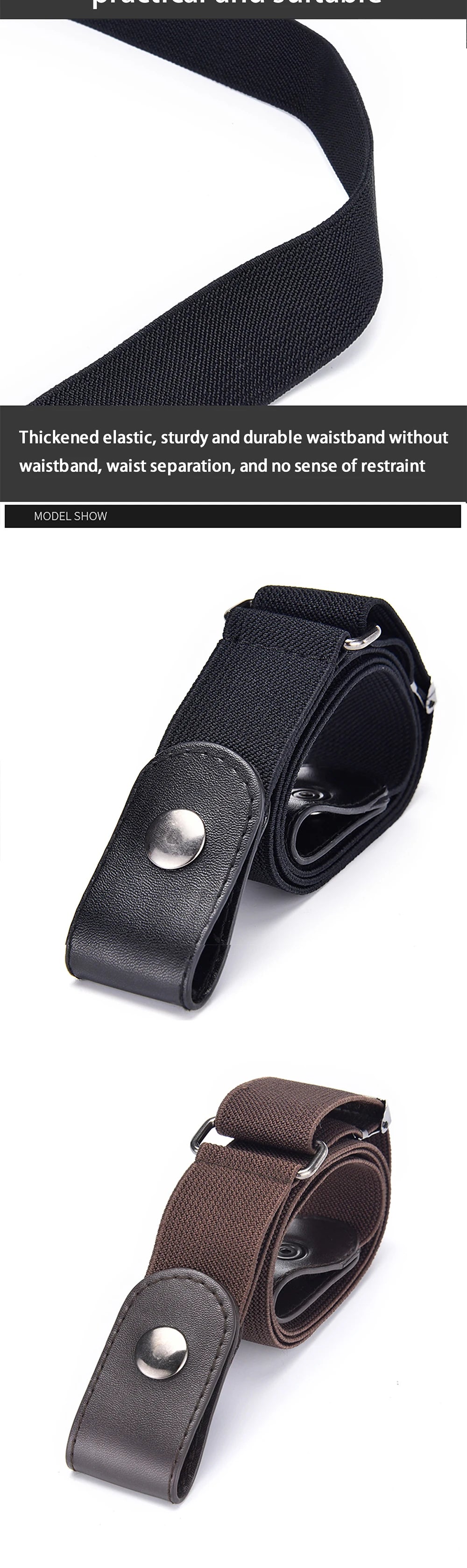 A close-up view of a black thickened elastic waist belt and a brown leather-look belt with silver buckles.
