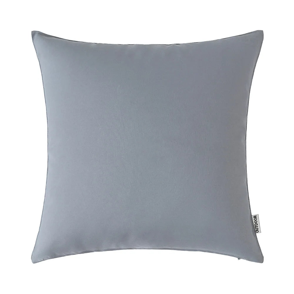 A square gray decorative outdoor pillow cover for patio and garden use.