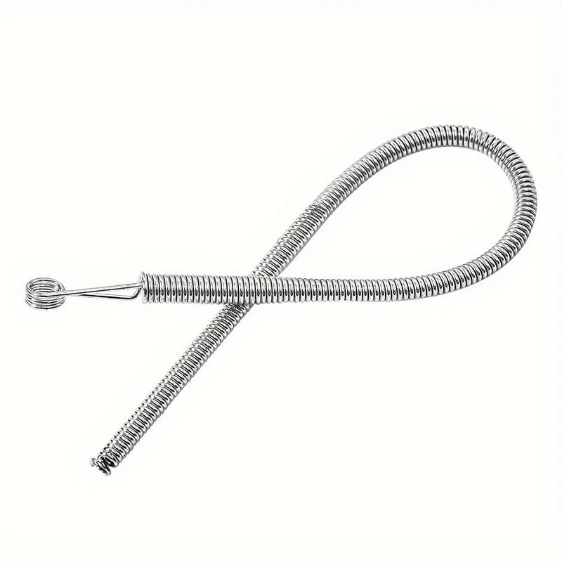 A silver adjustable spring drawstring threader clip with a long wire and a small hook.