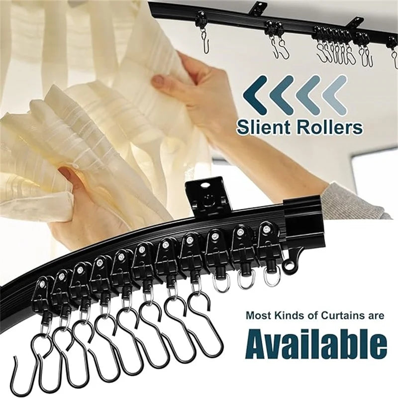 A hand is installing a black curtain track with multiple silent rollers onto a white fabric curtain.
