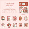 A collection of vintage botanical flower stickers on a pink background, packaged for crafting.