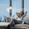 A woman relaxing on a sofa while sunlight is blocked by one-way privacy film that filters UV and IR rays.