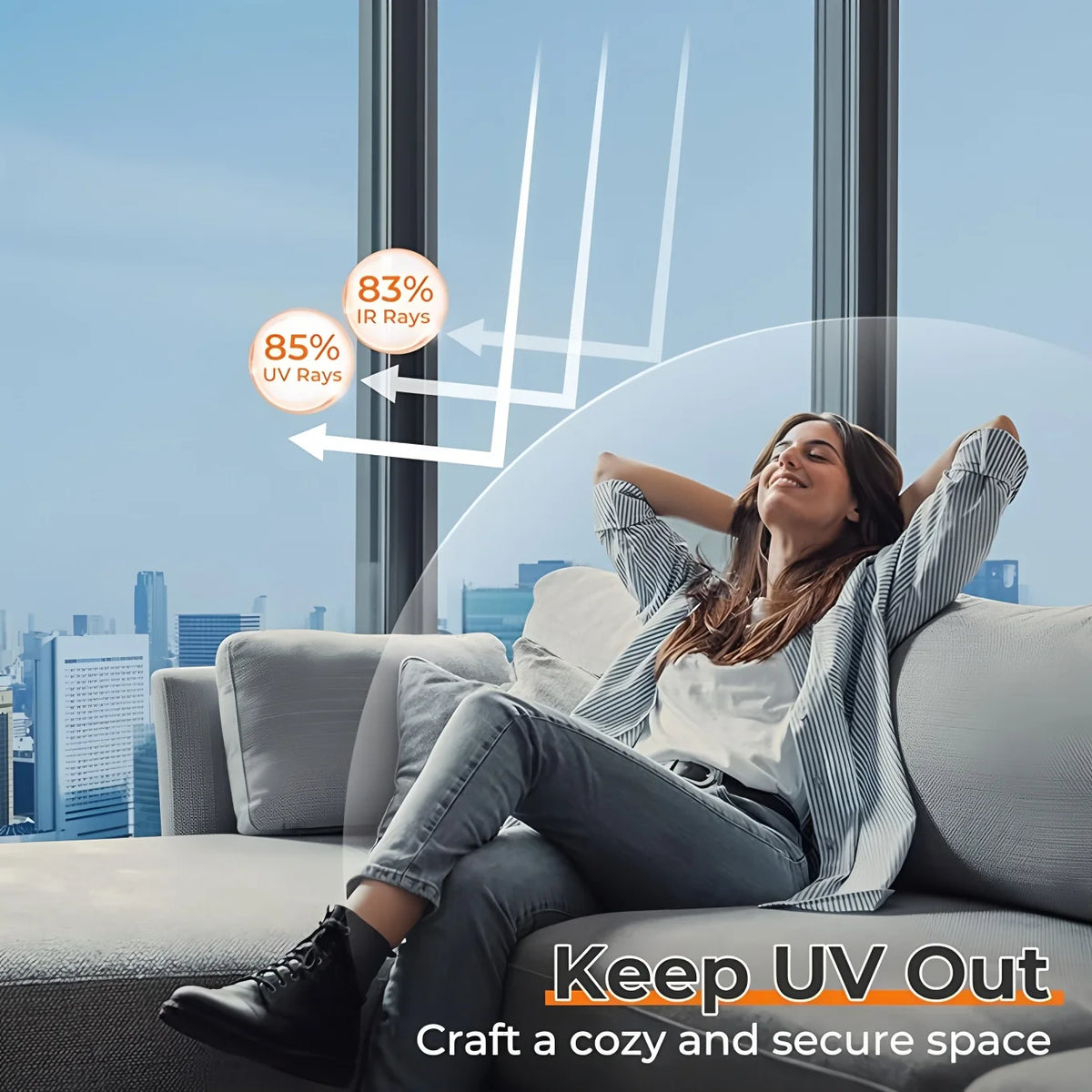 A woman relaxing on a sofa while sunlight is blocked by one-way privacy film that filters UV and IR rays.