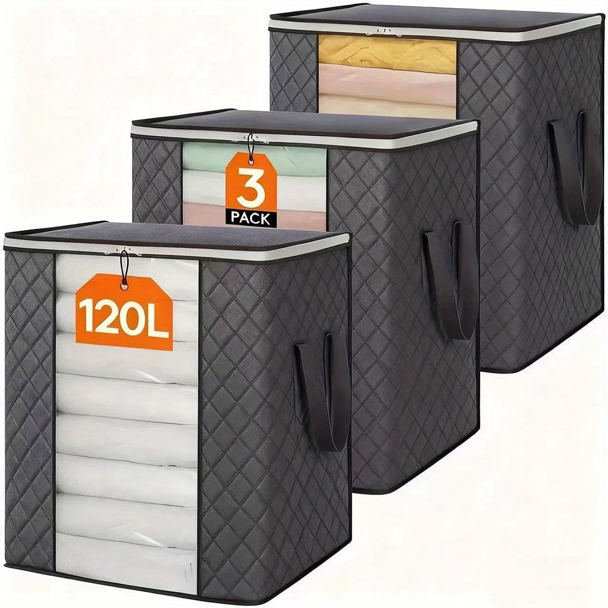 Three black foldable storage bags with orange labels indicating 120 liters each.