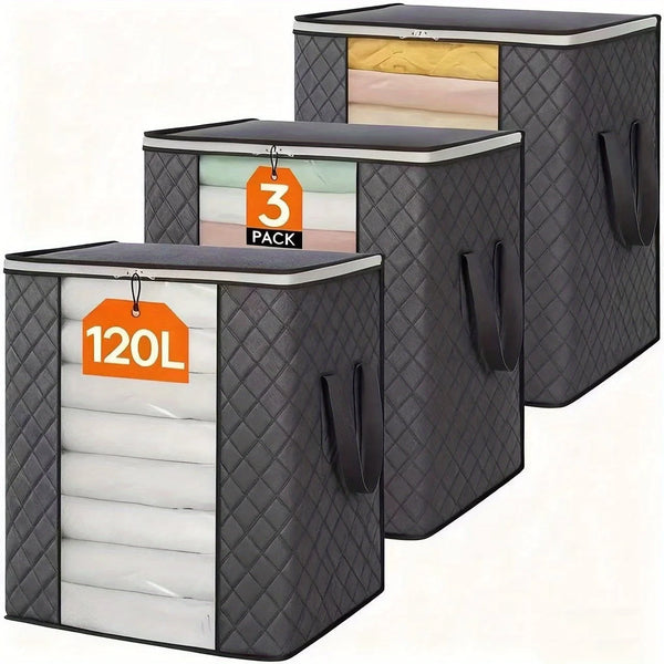 Three black foldable storage bags with orange labels indicating 120 liters each.