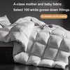 A white goose down filling duvet shown on a bed, emphasizing no drilling or clumping.