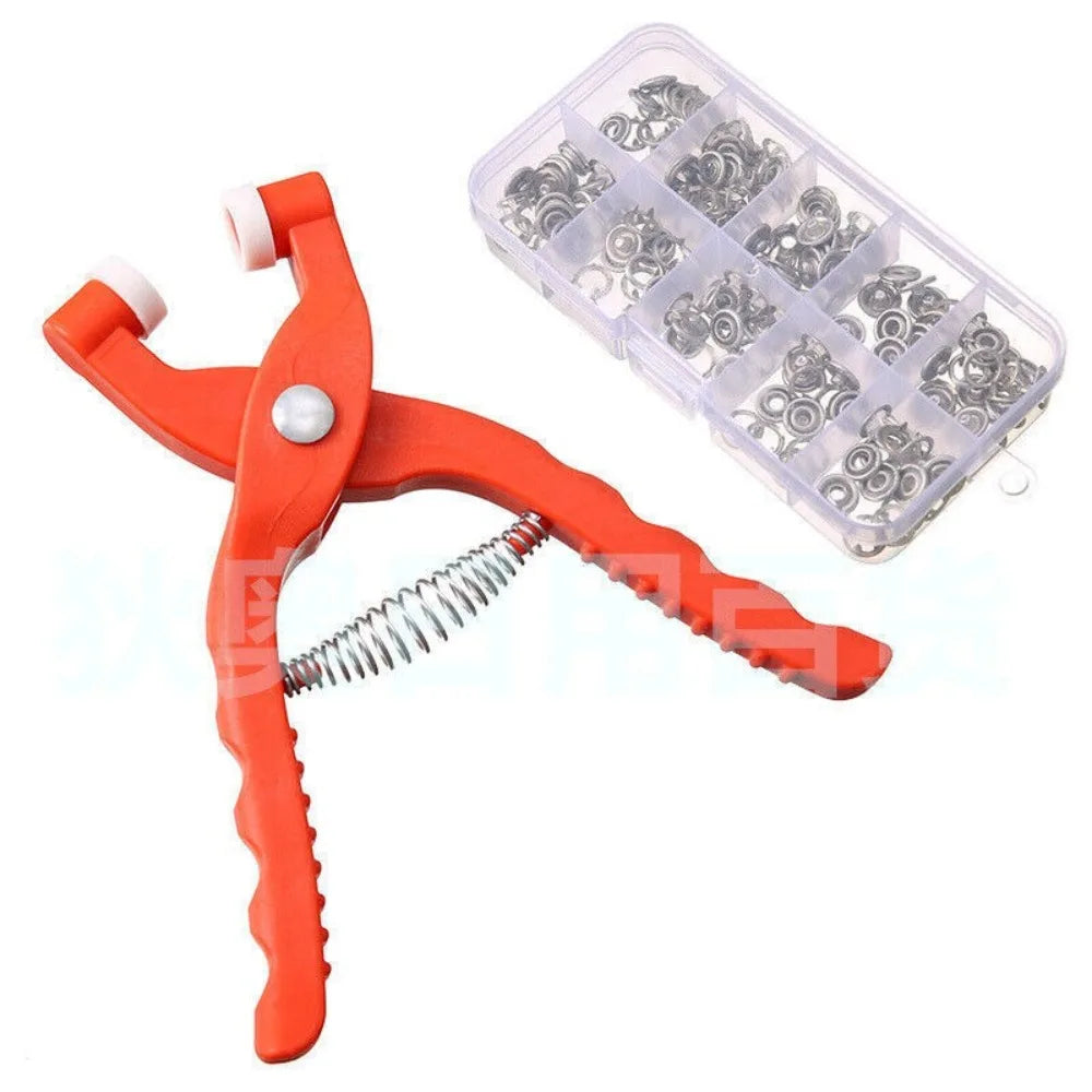 Orange snap fastener crimping pliers with a crochet hook and a plastic storage case