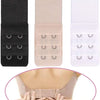 Three sets of adjustable bra extender straps in black, pink, and white shown alongside a hand demonstrating the product on a 