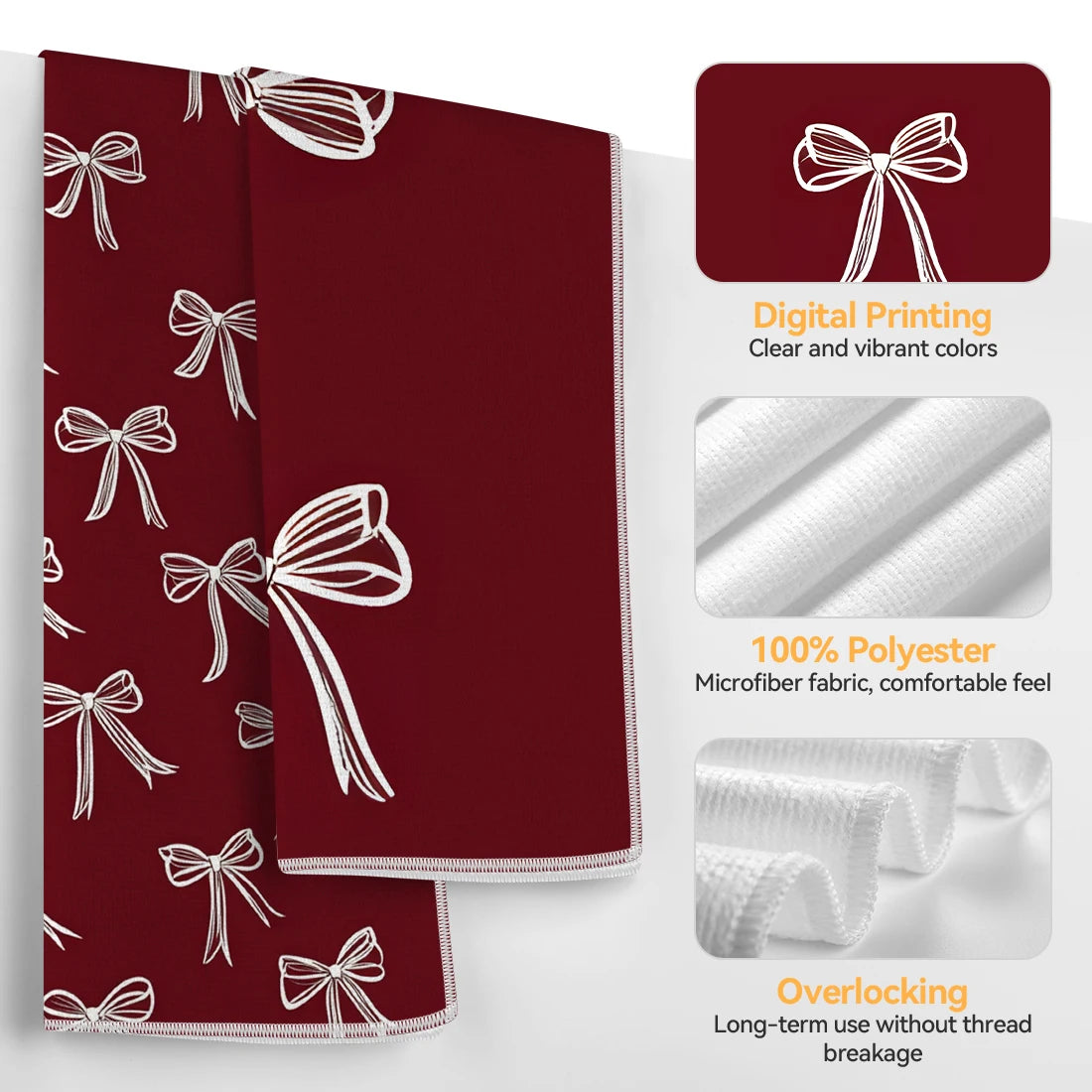 A set of two deep red kitchen towels with white bow designs, made from 100% polyester microfiber fabric.