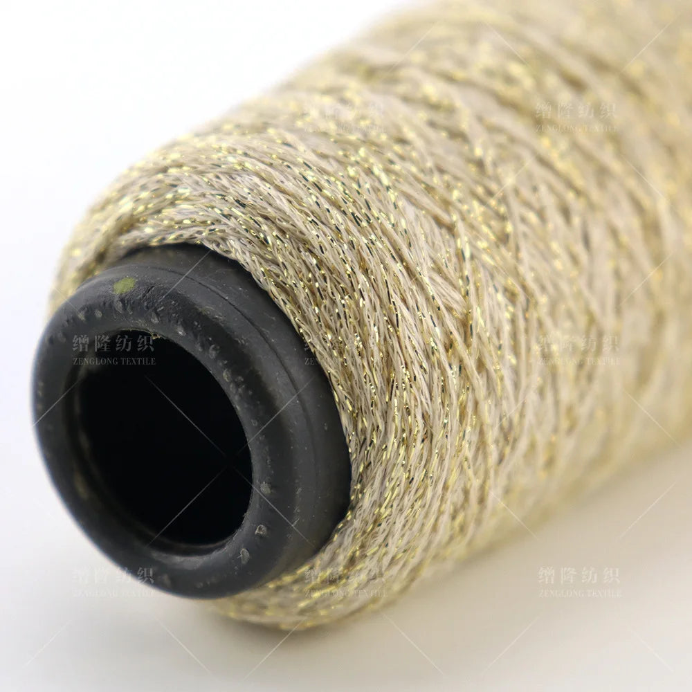 A roll of glitter metallic yarn used for crochet and knitting