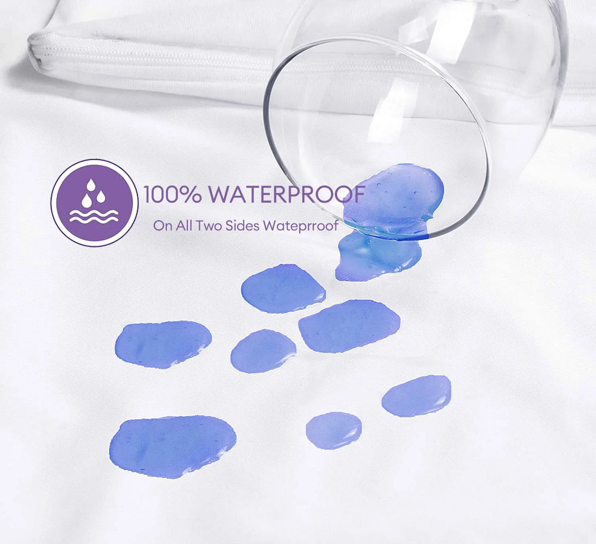 A clear glass lens shows blue watercolor paint on a white fabric, demonstrating the waterproof property of the pillow protect