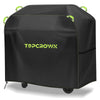 A black heavy-duty BBQ grill cover with yellow reflective trim and the TOPCROWN logo.