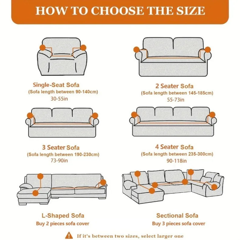 Diagram showing how to choose the size of a sofa, illustrating single-seat to sectional options.