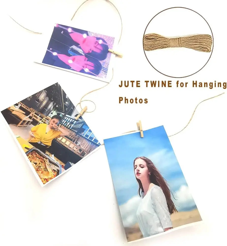 Mini wooden clothespins with jute twine used for hanging photos and crafts