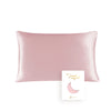 A square pink mulberry silk pillowcase with a hidden zipper and a crescent moon design.
