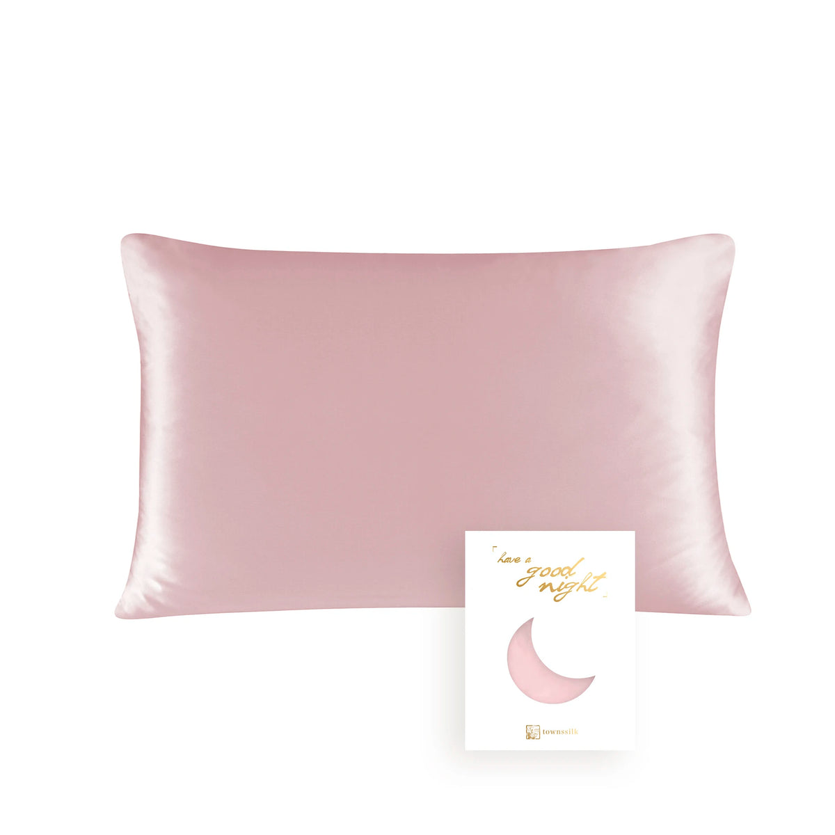 A square pink mulberry silk pillowcase with a hidden zipper and a crescent moon design.