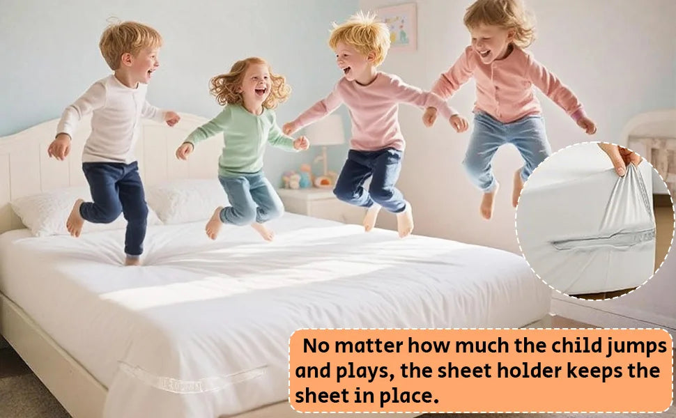 Four happy children jumping on a bed while a sheet holder keeps the fitted sheet in place.