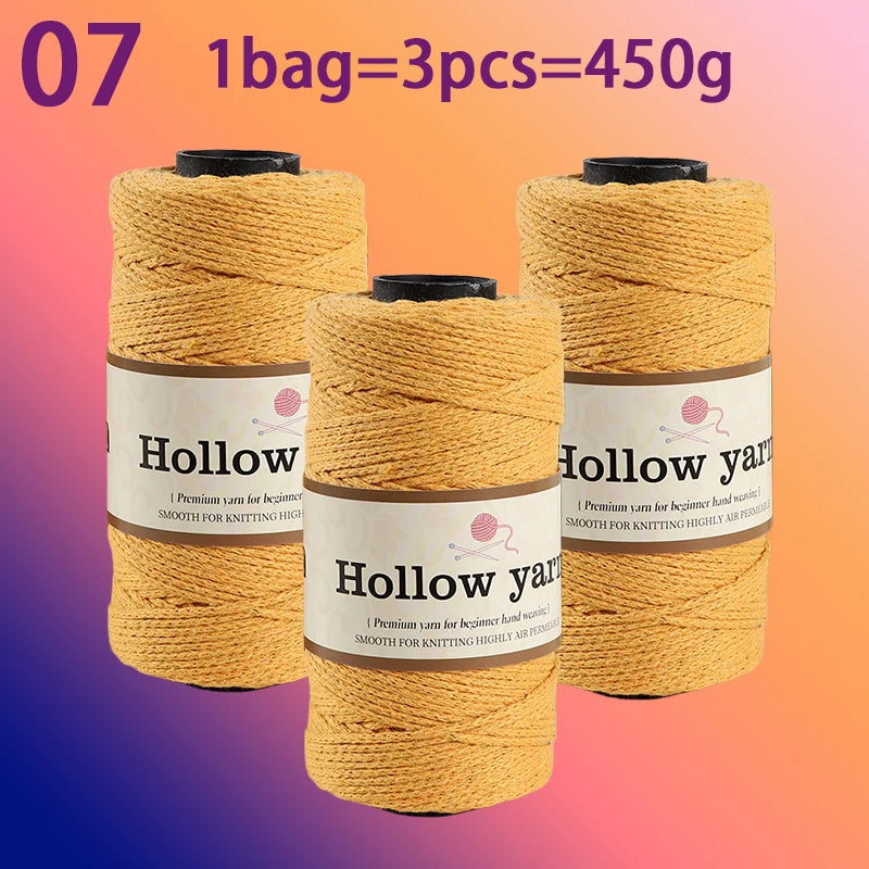Three spools of Hollow yarn, each containing 3 pieces totaling 450g for knitting and crochet.