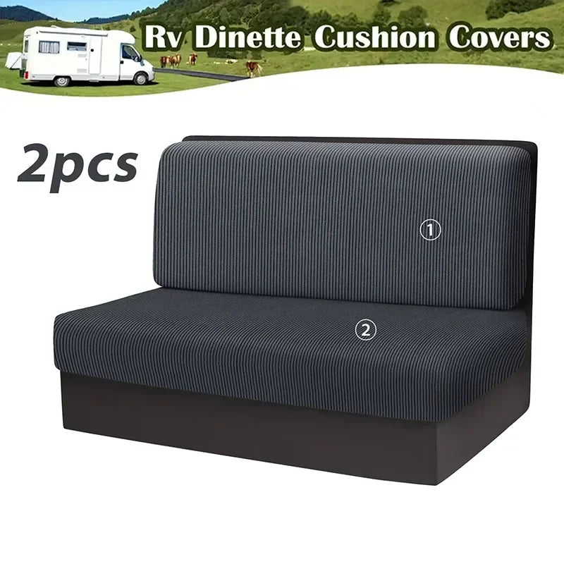 Two gray stretchable cushion covers for an RV dinette seat with anti-slip backing.